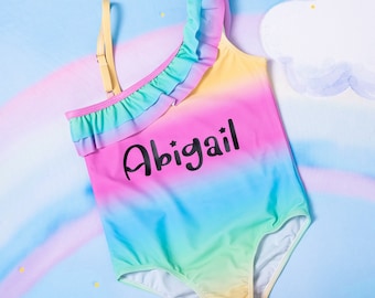 Rainbow Swimsuit, Custom Baby swimsuits, Custom Unicorn Kids Swimsuits, Kids One piece Swimsuit, Off Shoulder kids swimsuit, Made To Order