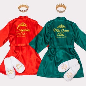 Custom Quinceanera Satin Robe and Slippers Set, Personalized Mis Quince Robe, Quinceañera Getting Ready Outfit, Sweet 15 Birthday Gift