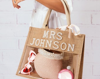 Personalized Tote Gift Bags, Bridesmaid Beach Tote Bag, Bride Beach bag with pearls, Custom Tote Bag for Bride, Bridesmaid Gifts - tr. pearl