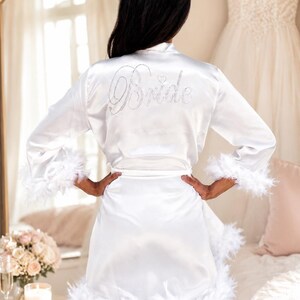 Satin Robe with Feathers, Bridesmaid Robes, Custom robes, Feathers Satin robe, Personalized robe, Getting ready Robe, Bridal party robe -alf image 4