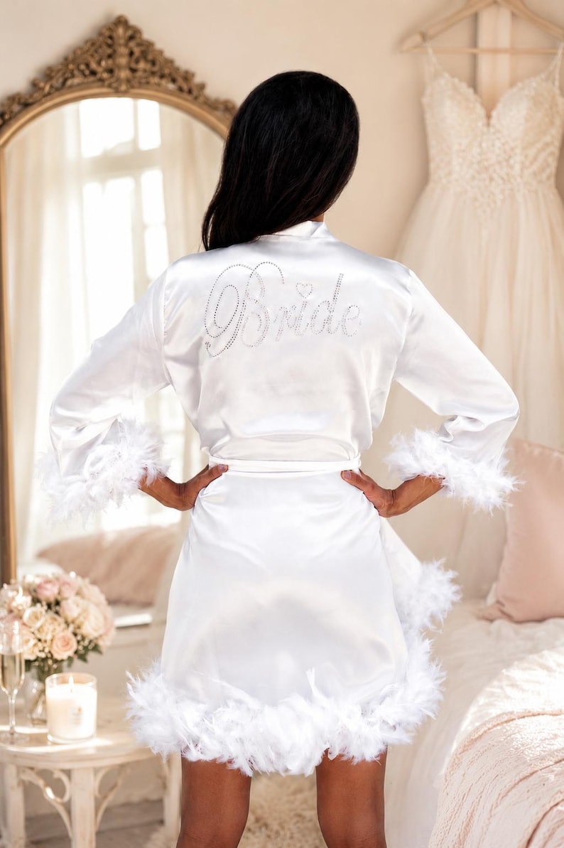 Satin Robe with Feathers, Bridesmaid Robes, Custom robes, Feathers Satin robe, Personalized robe, Getting ready Robe, Bridal party robe -alf image 4