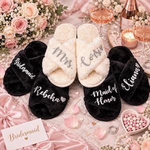 Personalized Bridesmaid Slippers, Bachelorette Party Favors, Custom Bride Squad Gifts, Bridal Party Slippers, Wedding Favors - gl, aut image 2