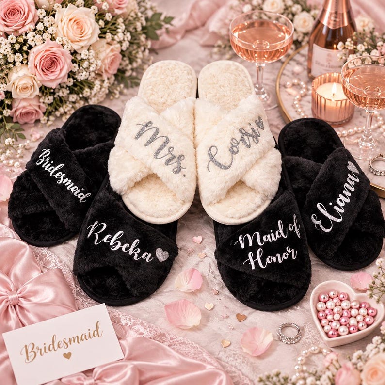 Personalized Bridesmaid Slippers, Bachelorette Party Favors, Custom Bride Squad Gifts, Bridal Party Slippers, Wedding Favors - gl, aut image 2