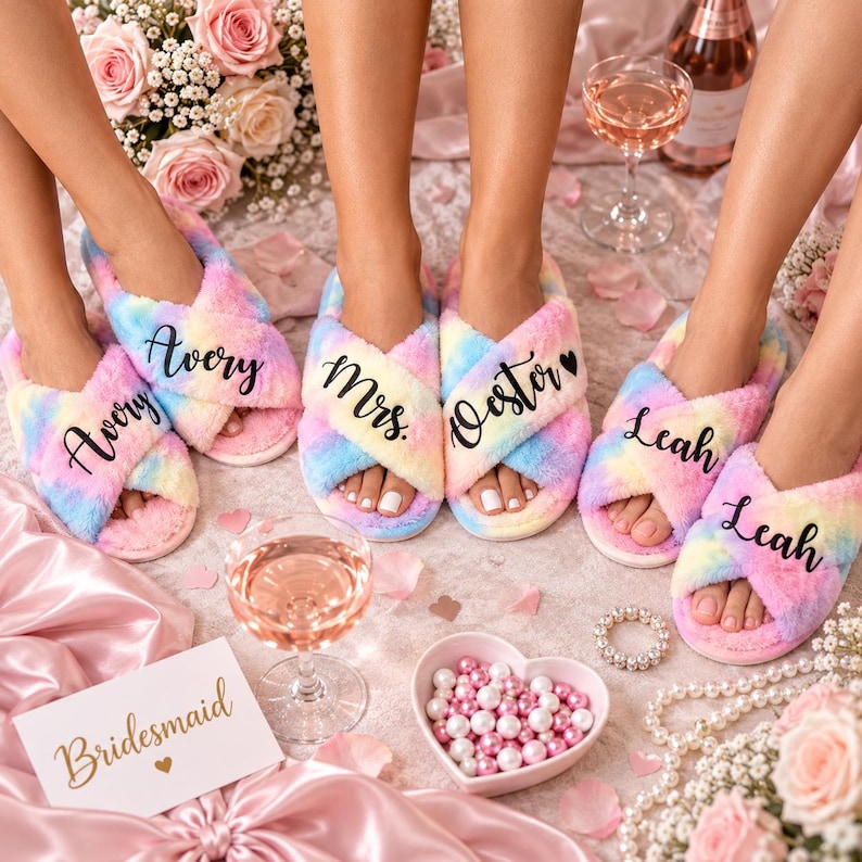 Personalized Bridesmaid Slippers, Bachelorette Party Favors, Custom Bride Squad Gifts, Bridal Party Slippers, Wedding Favors - gl, aut image 4