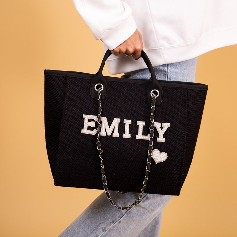 Bride Tote bag, Bridal Gift, Bachelorette bags, Honeymoon beach bag, Customized Bride Bags, Bachelorette totes- chain, pearls, Made To Order image 3