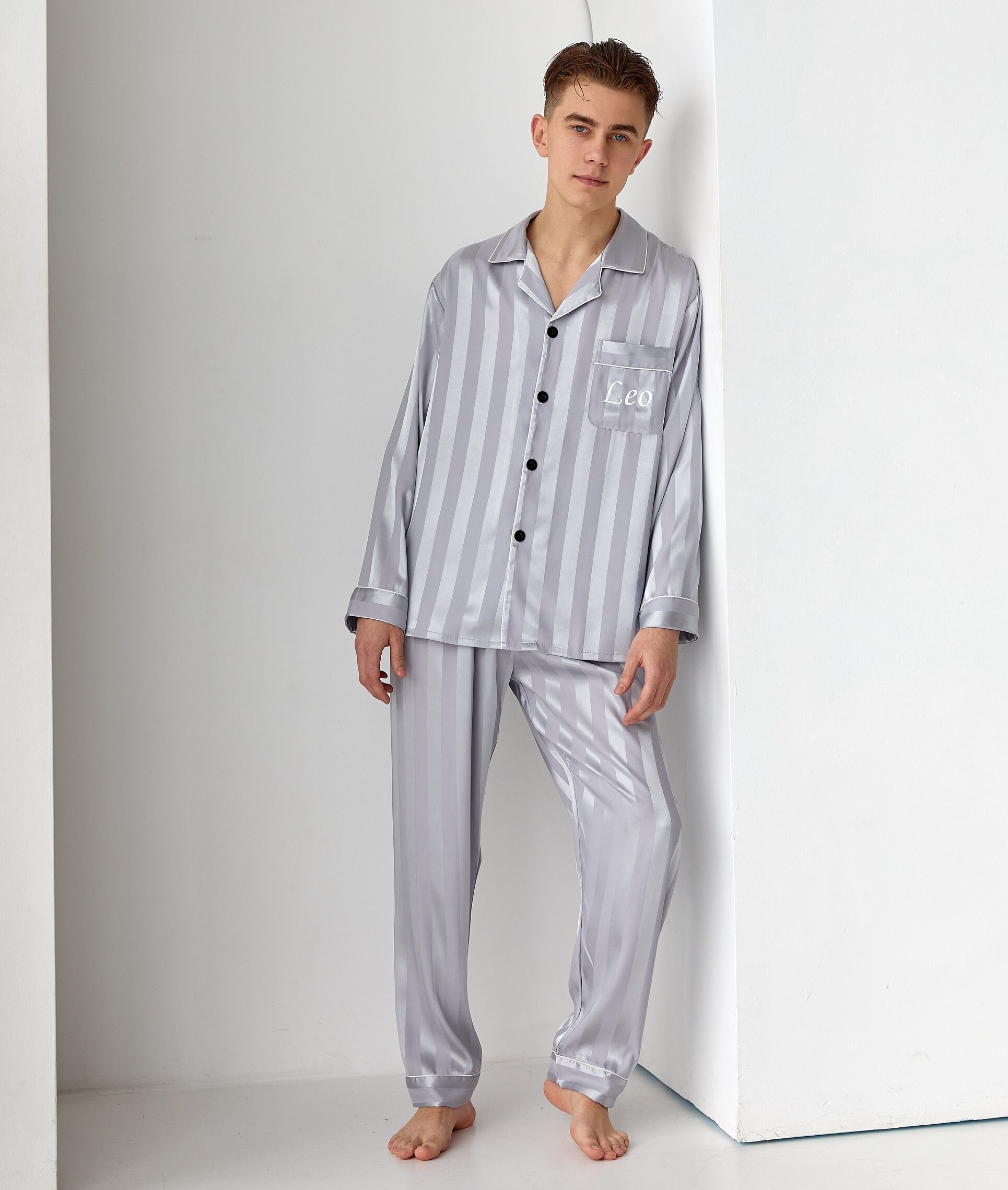 Custom Groom Satin Pajamas Stripe Mr. Pajamas Silk Personalized