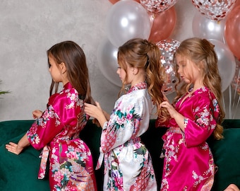 Birthday Spa party robes for kids, Bridesmaid Custom robes, Flower girl robe, Floral Print Satin Robes, Custom Robes,  Kids Satin Kimono