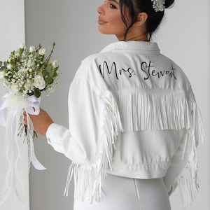 Bride Denim Jacket, Custom Mrs Jean jacket with fringes, Personalized denim Jacket, Future Mrs., Bride to Be Jacket with fringes - Adinda