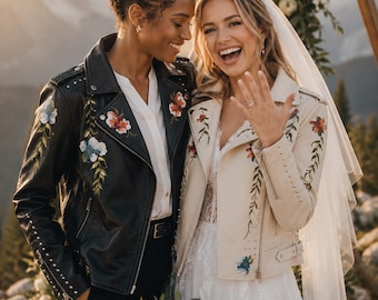 Wedding jackets, Personalized jacket, Mrs and Mrs jacket, Custom Bride jacket, Embroidered Jacket with flowers, LGBT wedding gift