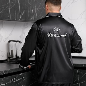 Mr Pajama Set, Long Personalized Pajama Set, Groom Pajama, Custom Satin Pajama for Men, Gift for him, Fathers Day Gift, Anniversary gift-L+L