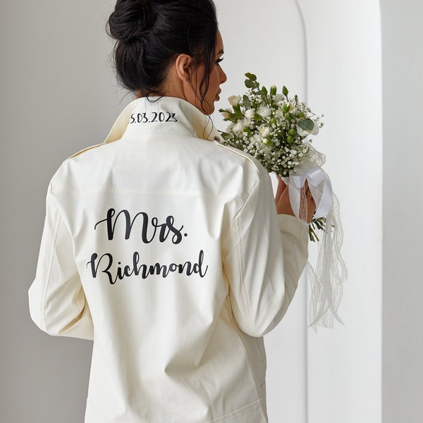 Mrs Bride Faux Leather Jacket, Custom White Jacket for Wedding, Mr and Mrs Wedding Jackets, Personalized jacket for Bride and Groom - autumn