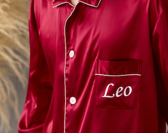 Long Personalized Pajama Set, Groom Pajamas, Custom Satin Pajama for Men, Mr Pajams, Gift for him, Fathers Day Gift, Anniversary gift - L+L