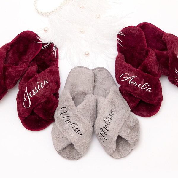 Custom slippers, Bridesmaid gifts, Fluffy slippers, Bachelorette Fluffy Cross Slippers, Party Matching Slippers, Bachelorette gifts-alf+bold