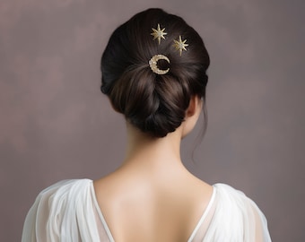 Conjunto de horquillas nupciales de oro celestial - Accesorios para el cabello de luna y estrella de cristal brillante - Trío de horquillas de oro magnífico - Conjunto celestial nupcial