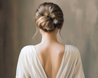 Celestial star wedding headpiece in light gold withcCzech crystal encrusted, bridal star hairpins, personalized hair pins, hair bobby pins