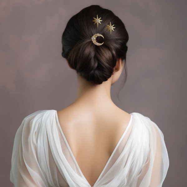 Ensemble d’épingles à cheveux de mariée en or céleste - Accessoires pour cheveux en cristal brillant lune et étoile - Magnifique trio d’épingles à cheveux en or - Ensemble céleste de mariée