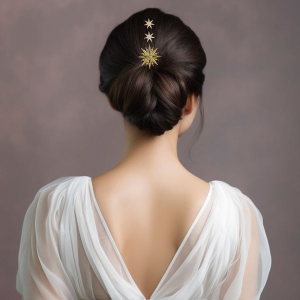 Impresionantes pasadores de pelo de estrellas celestiales doradas brillantes con cristal checo, hermoso tocado de joyería, accesorio romántico para el cabello, novia boho