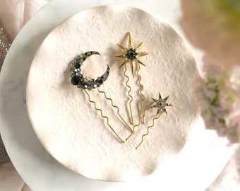 Gold celestial bridal hair pins with clear and black crystals, Set of 3 celestial hair comb with decrescent moon and stars