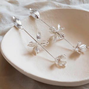 Modern Long Silver Flower Dangle Bridal Earrings, statement Petal Design earrings, silver Timeless Iconic bridal large earrings