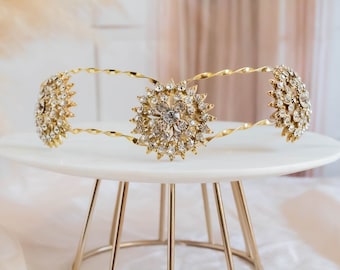 Gold art deco celestial Tiara, Bohemian starry celestial wedding headpiece, Raised star crown with crystals, Greek style headband for bride