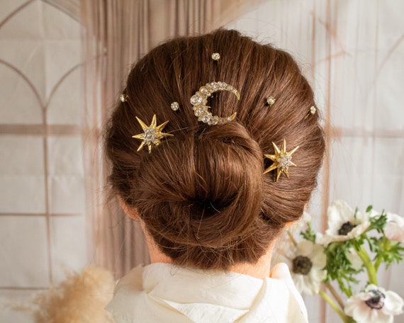 Gold Moon and Star Hair Pins, Art Deco Crystal Bridal Hair  display picture 1