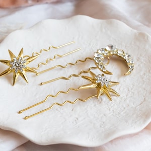 Horquillas doradas con forma de luna y estrella, accesorios nupciales de cristal Art Déco
