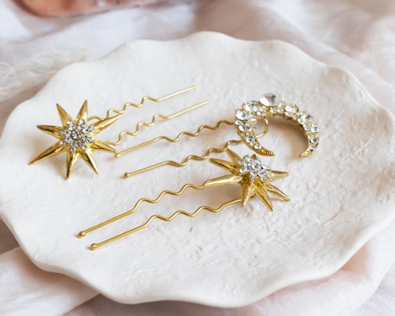 Golden starburst crystal  Hair pin in gold tone NEW Gold Starburst Hair Pins | Cubic Zirconia Celestial Bridal  main image 2