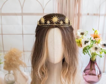 Crystal stars crown for bride, Celestial gold double tiara, Delicate starburst wedding headpiece, Beautiful star headpiece celestial wedding