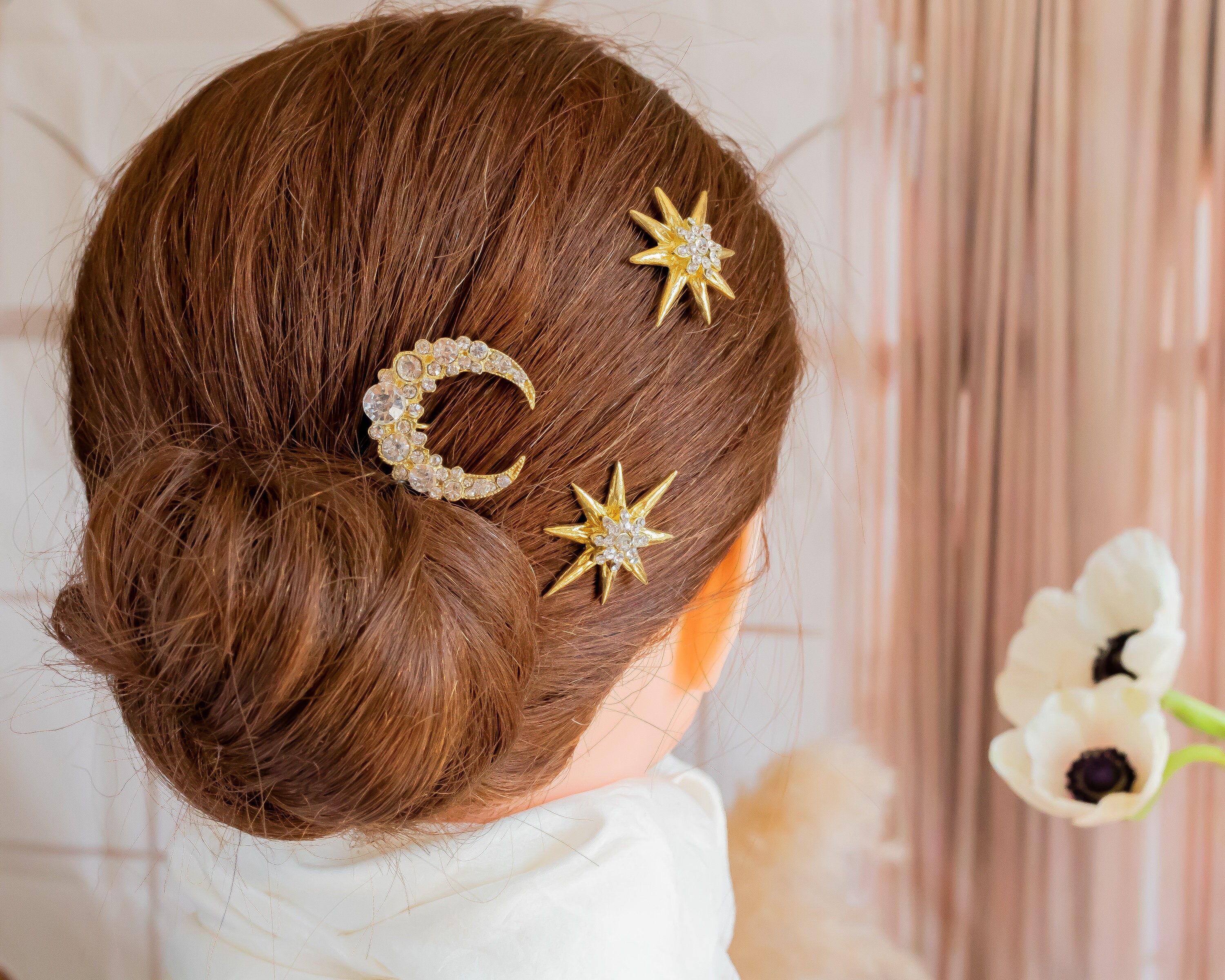 Gold Moon and Star Hair Pins, Art Deco Crystal Bridal Hair  display picture 1