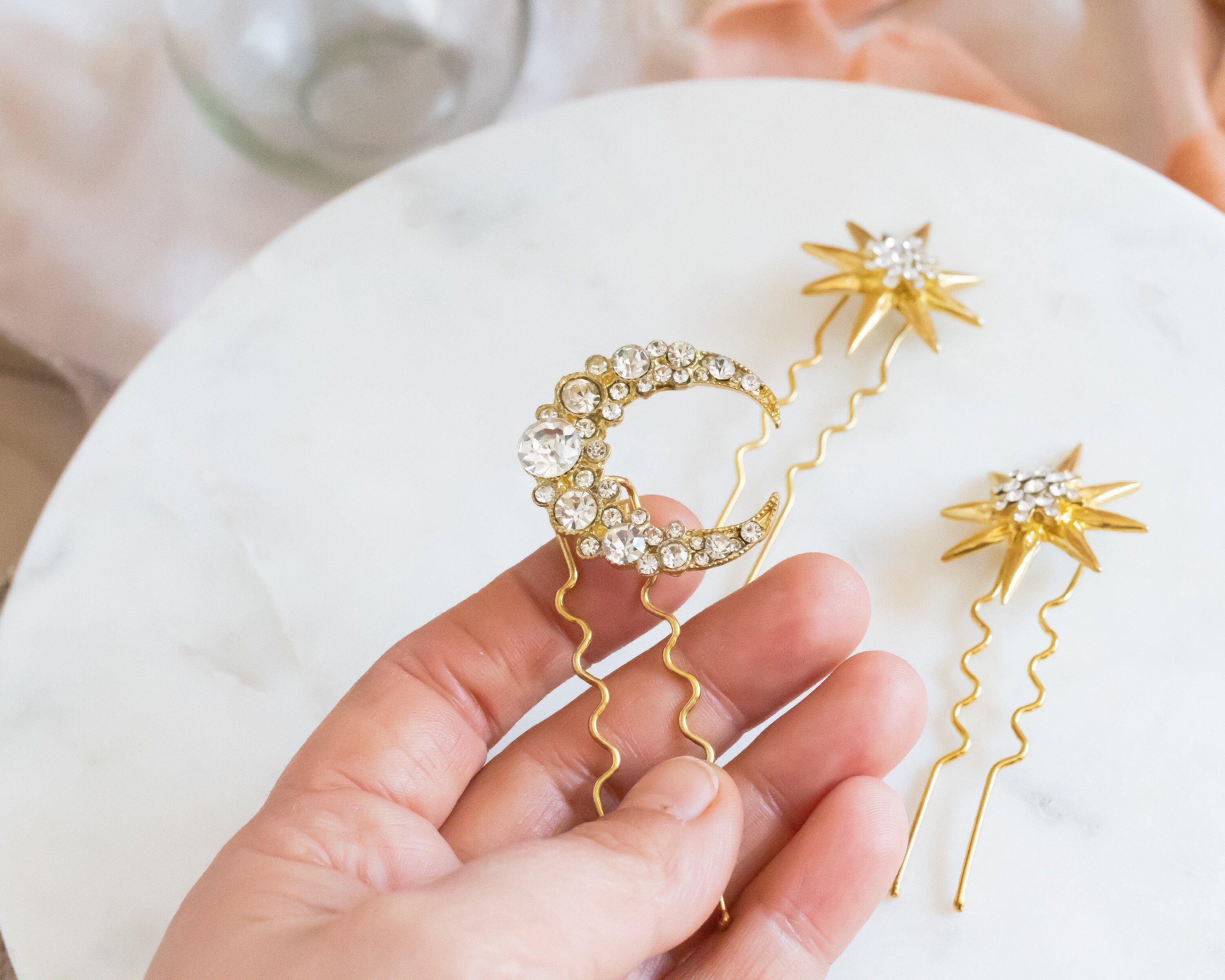 Gold Moon & Star Layered Hair Accessories Hair Brooch Pin Moon Crystal Rhinestone Hair Accessories Set - 6 Pcs Moon  main image 4