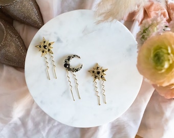 Gold moon and star bridal hair pins, Set of 3 rhinestone celestial bobby pins for wedding, boho bride hair clip side for up-do.