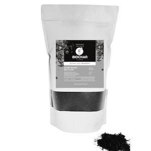 May include: A white bag of hemp-based biochar soil amendment. The bag has a clear window showing the black charcoal inside. The label reads "Biochar" and "Natural Soil Amendment". A small pile of biochar is at the bottom.
