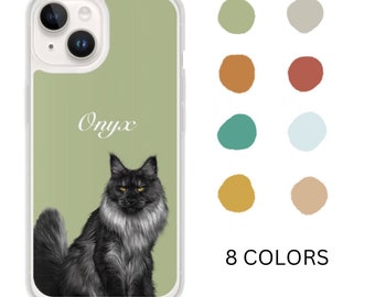 May include: A clear phone case with a green background and a black and white illustration of a cat. The cat is sitting and looking at the camera. The text "Onyx" is written in white above the cat. The case is available in 8 colours.
