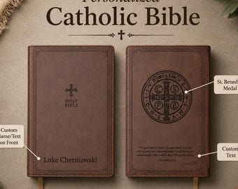 Custom Leather Bible Catholic Personalized Tabbed NSRV Edition Laser Engraved Father's Day Gift Graduation Son or Daughter Wedding Present