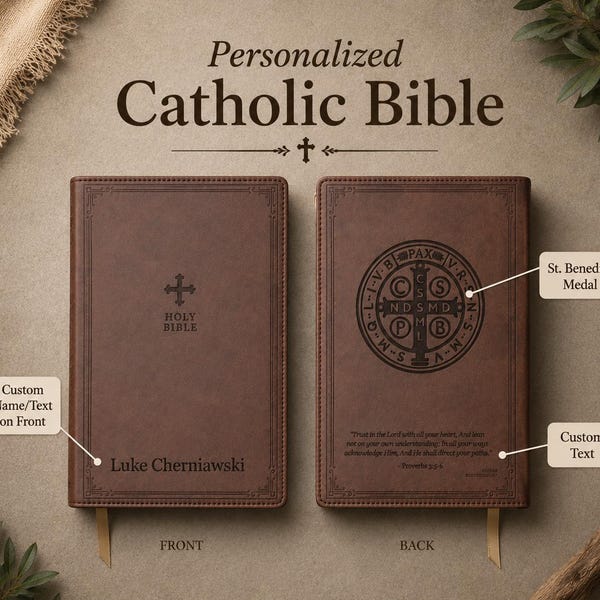 Biblia de cuero personalizada, edición NRSV católica con pestañas, grabada con láser, regalo para el Día del Padre, graduación de hijo o hija, regalo de boda.