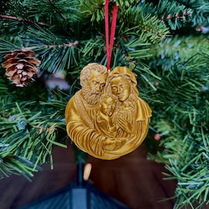 Adorno navideño de la Sagrada Familia/Hermoso adorno religioso dorado con detalles/Idea para regalo de Navidad/Arte de la Sagrada Familia/Decoraciones navideñas