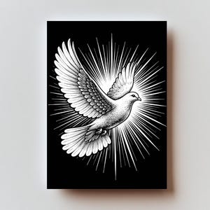 May include: A monochrome illustration of a dove in flight, with a radiant light burst emanating from behind. The dove's feathers are intricately detailed against a black backdrop. A graphic design.