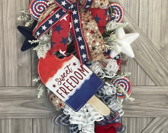 Patriotic , 4th of July, Sweet Freedom, Deco Mesh Wreath, red, white and blue.