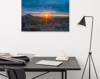 Vibrant Sun Rays Emerge At Sunrise In Arizona Desert Canvas Print | Southwest Landscape Wall Art