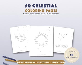 Celestial Coloring Pages Printable, 50 Moon Sun Stars Coloring Book PDF, Night Sky Witchy Line Art, Instant Digital Download