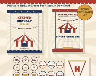 Circus Birthday Party Decorations Printable, Vintage Carnival Party Bundle, Big Top Invitation Banner Cupcake Toppers, Digital Download