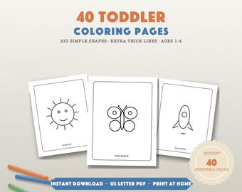 Toddler Coloring Pages Printable, 40 Easy Coloring Book for Kids Ages 1-4, Big Simple Shapes Thick Lines, Instant Digital Download