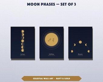 Moon Wall Art Print Set of 3, Moon Phases Printable Posters Navy Gold, Celestial Nursery Bedroom Office Decor, Digital Download