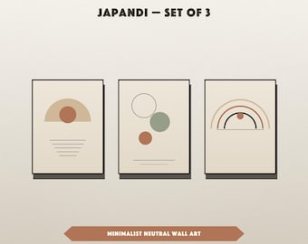 Wall Art Printable Set of 3, Japandi Minimalist Neutral Posters, Mid Century Abstract Living Room Decor, Trendy Digital Download