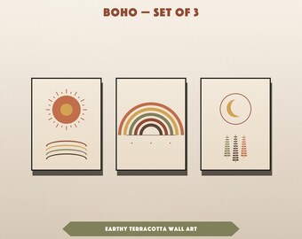 Boho Wall Art Printable Set of 3, Terracotta Sun Rainbow Moon Posters, Earthy Bohemian Bedroom Decor, Wall Art Printable Digital Download