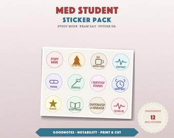 GoodNotes Stickers Digital, Medical Student Planner Stickers PNG, 12 Precropped Nursing School Study Sticker Set, Instant Download