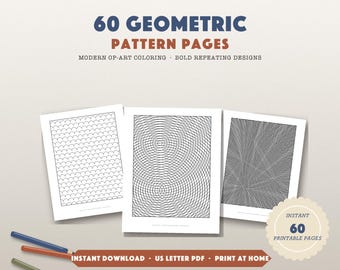 Geometric Coloring Pages for Adults, 60 Printable Op Art Pattern Book PDF, Abstract Line Art Sheets, Coloring Pages Adults Digital Download