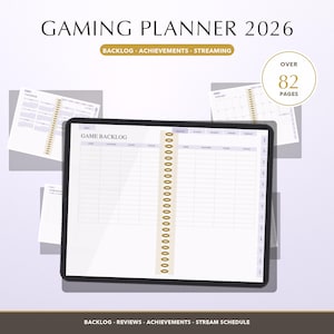以下が含まれることがあります： タブレット画面に表示された2026年版デジタルゲーミングプランナー。ゲーム名、プラットフォーム、プレイ時間、ステータスの列があるゲームバックログ表が特徴です。バックログ、実績、ストリーミング用のタブがあり、合計82ページ以上で構成されています。