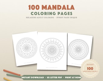 Mandala Coloring Pages Printable, 100 Adult Coloring Book Pages PDF, Zen Stress Relief Anti Anxiety Art, Instant Digital Download