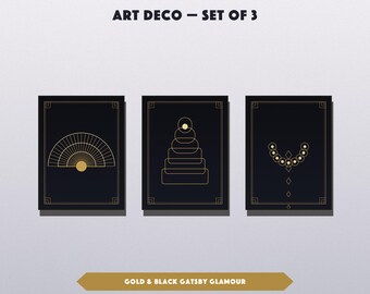 Art Deco Wall Art Printable Set of 3, Gold Black Gatsby Posters, Vintage Sunburst Living Room Decor, Wall Art Printable Digital Download